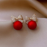 Red Christmas Bow Stud Earrings Rhinestone Bowknot Red Ball Earring
