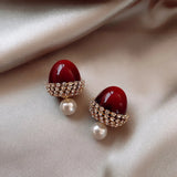 Red Christmas Bow Stud Earrings Rhinestone Bowknot Red Ball Earring