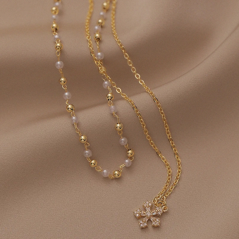 Summer Sweet Style Pearl Snowflake Double Necklace Wedding Gift Women Jewelry
