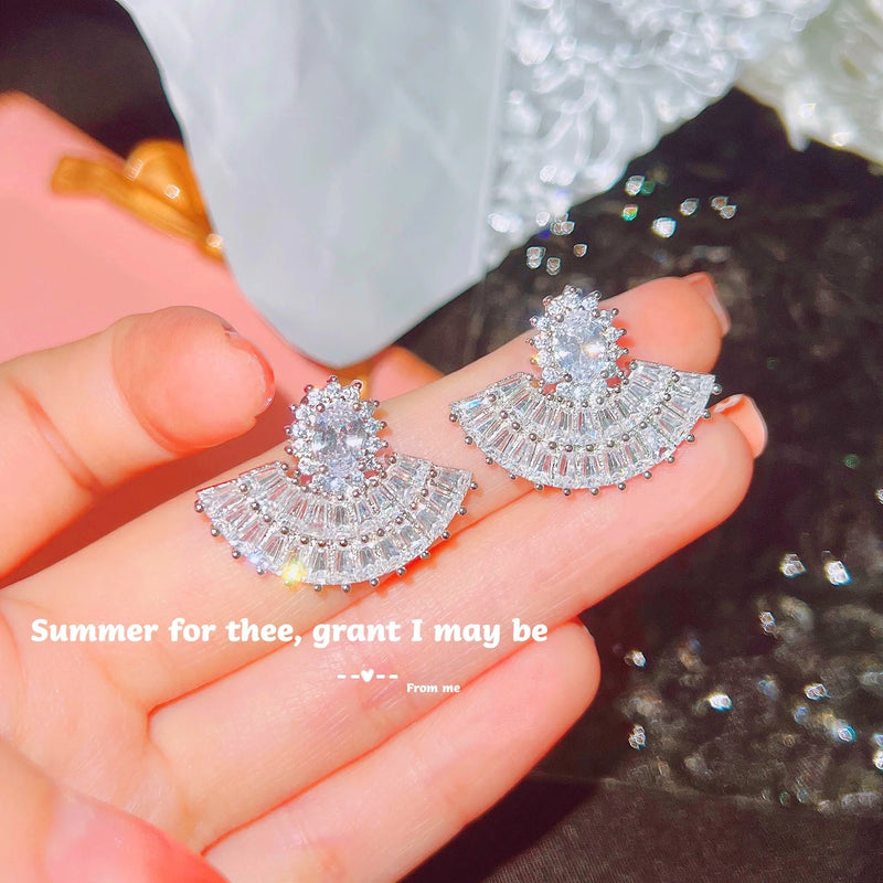 Summer T-Drill Fan Stud Earrings Women High Carbon Diamond Earrings Jewelry Gift