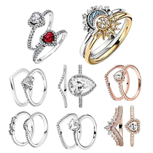 Celestial Rings Set 925 Sterling Silver CZ Wishbone Charm Women