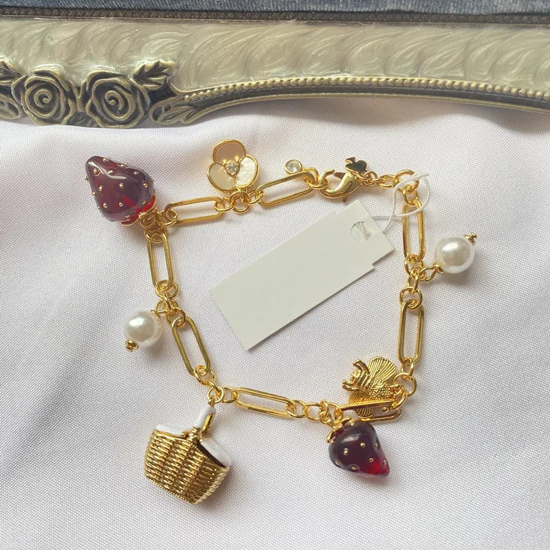 Red Resin Strawberry Pearl Small Basket Bee Gem Bracelet