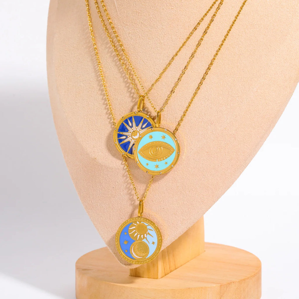 Colorful Tarot Necklace Round Pendant Stainless Steel Sweater Chain