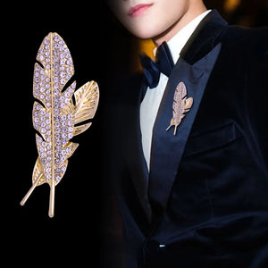 Temperament Feather Brooch for Men Rhinestone Suit Lapel Pin