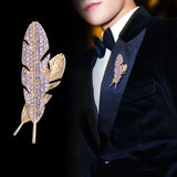 Temperament Feather Brooch for Men Rhinestone Suit Lapel Pin