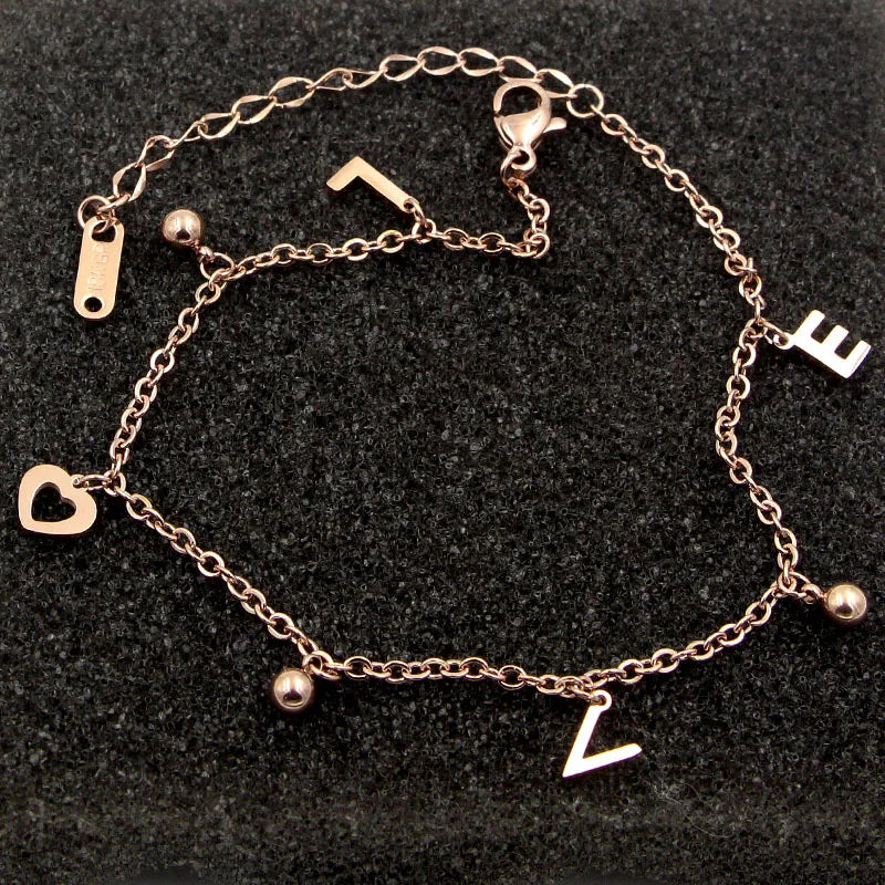 Three Beads Love Letters Refined Anklets Titanium Steel Anti-allergic