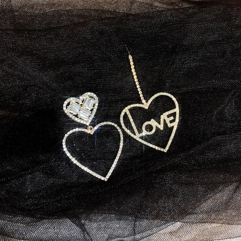 Tide Full Diamond Love French Earrings Asymmetrical Letter Earrings