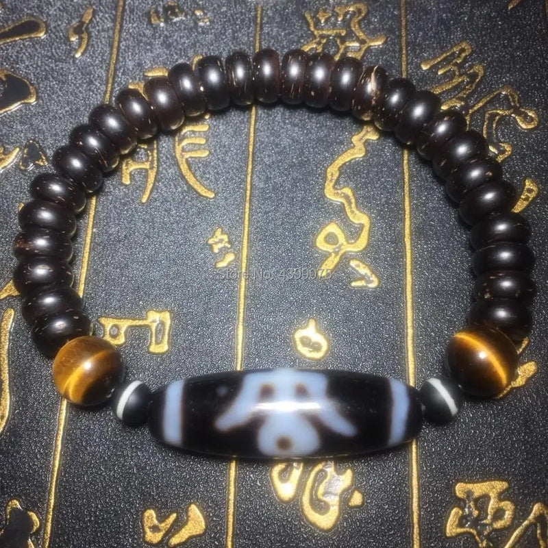 Tiger Eye DZI Bracelet, 9mm Coconut Shell, 10mm Natural Stone, Men Women Jewelry