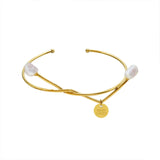 Titanium Steel Women Bangle Geometric Freshwater Pearls Opening Bangles
