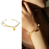 Titanium Steel Women Bangle Geometric Freshwater Pearls Opening Bangles