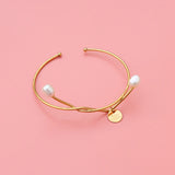 Titanium Steel Women Bangle Geometric Freshwater Pearls Opening Bangles