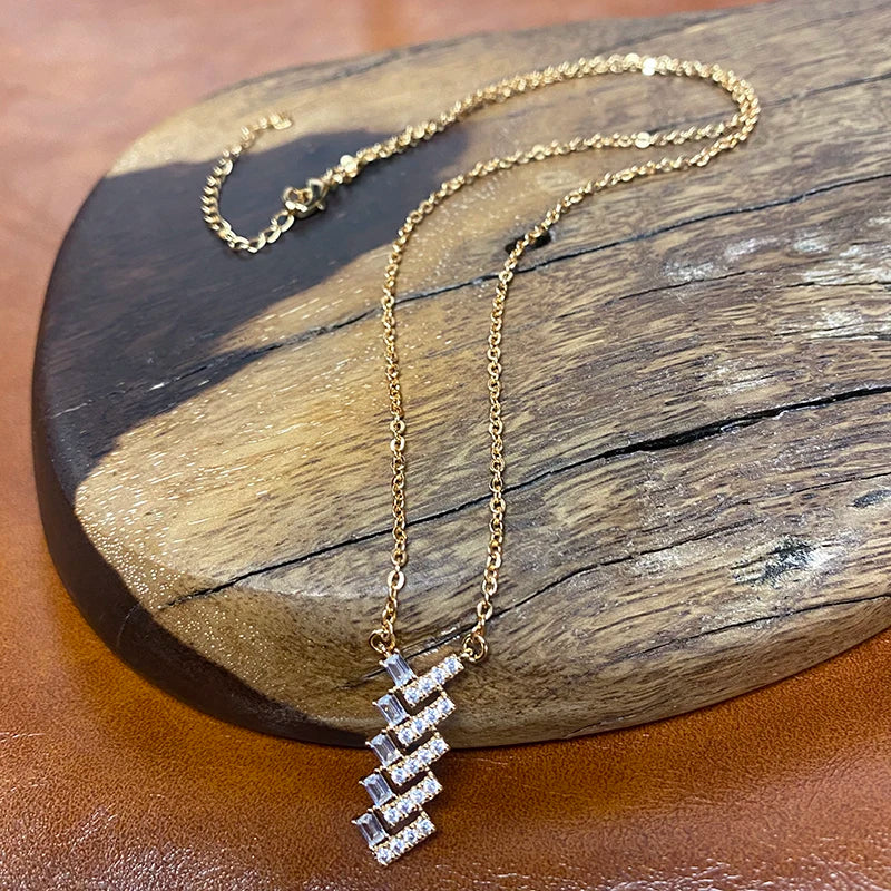 Rose Zircon Geometry Pendant Necklace Vintage Daily Jewelry