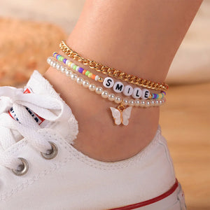 Kids Anklet Smile Butterfly Pendant Beach Foot Ornament Set of 3