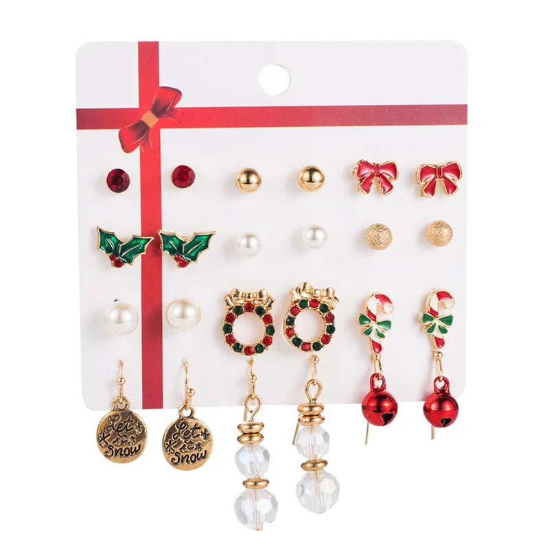 Christmas Earring Set Women Santa Bell Snowman Elk Zircon Jewelry