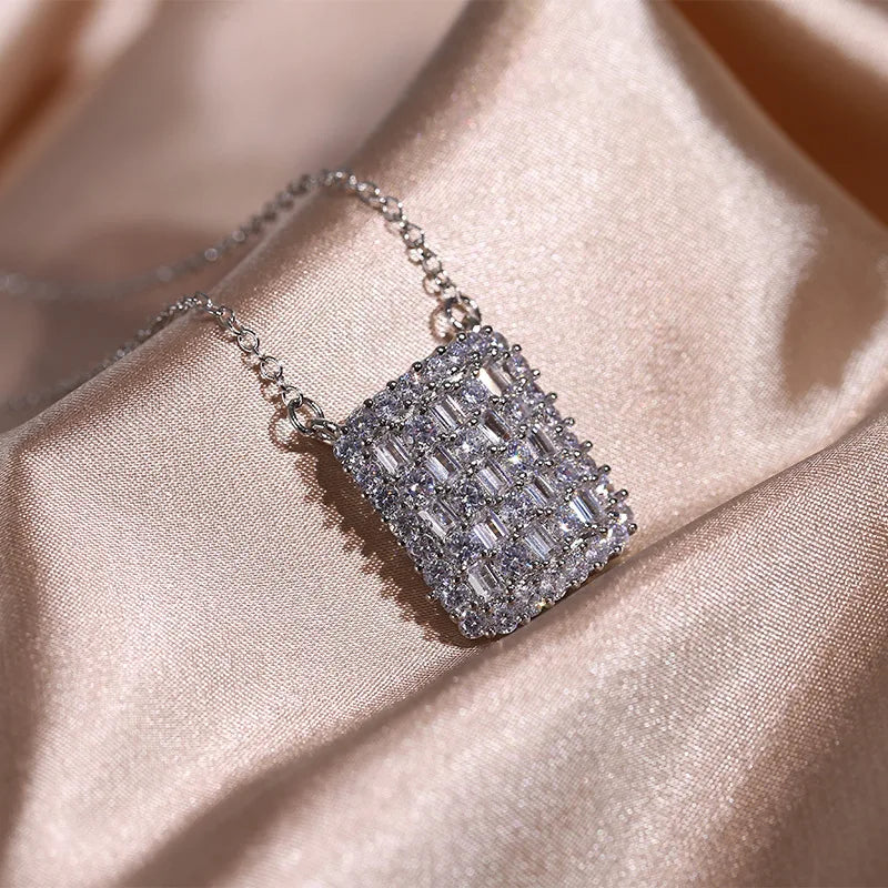 Geometric CZ Pendant Necklace Square Bling Wedding Jewelry