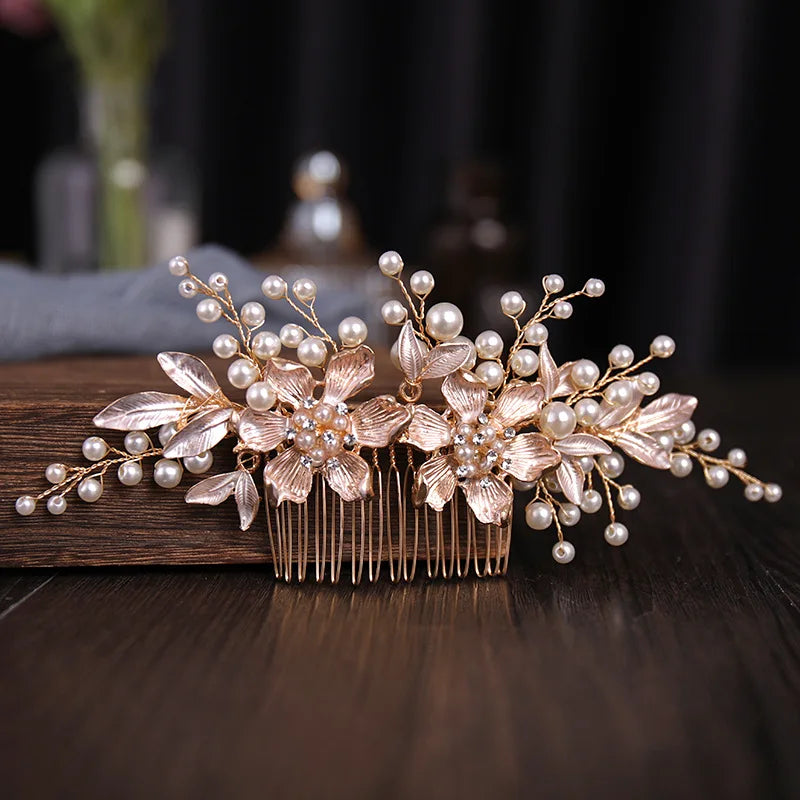 Floral Pearl Hairpin Wedding Tiara Crystal Bride Hair Jewelry