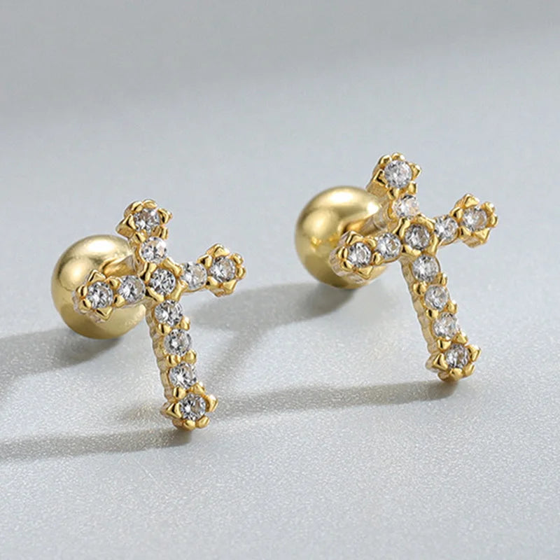 925 Silver CZ Cross Studs Earrings Geometric Crucifix Aretes Jewelry