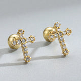 925 Silver CZ Cross Studs Earrings Geometric Crucifix Aretes Jewelry