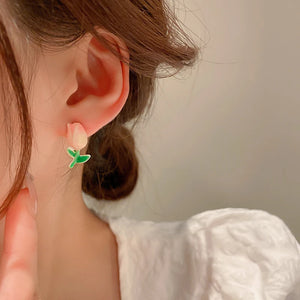 14K Plated Enamel Tulip Flower Earrings S925 Silver Studs