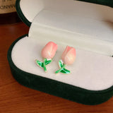 14K Plated Enamel Tulip Flower Earrings S925 Silver Studs