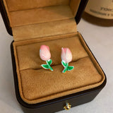 14K Plated Enamel Tulip Flower Earrings S925 Silver Studs
