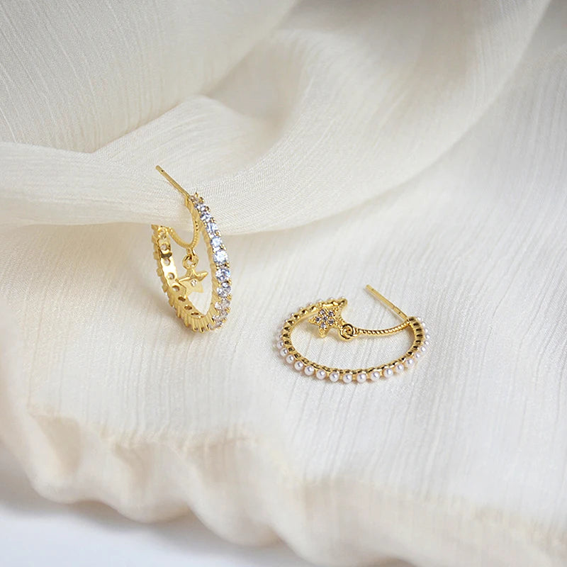 14K Gold Plated Pentagram Pearl Hoop Earrings Asymmetry Jewelry