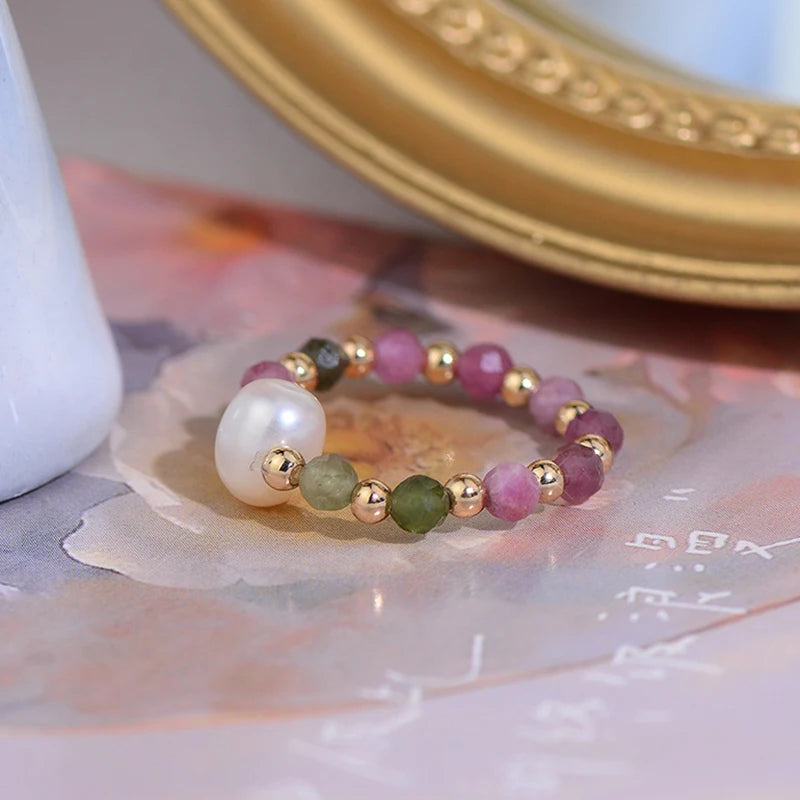 14k Plated Tourmaline Beads Ring for Women Elastic Zirconia Party Gift