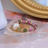 14k Plated Tourmaline Beads Ring for Women Elastic Zirconia Party Gift
