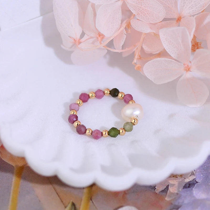 14k Plated Tourmaline Beads Ring for Women Elastic Zirconia Party Gift