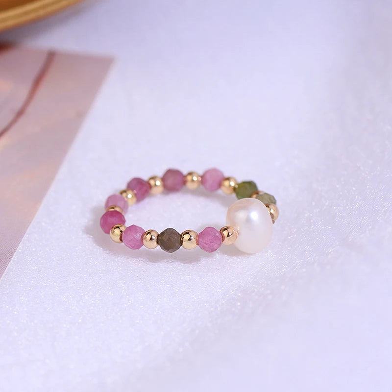 14k Plated Tourmaline Beads Ring for Women Elastic Zirconia Party Gift