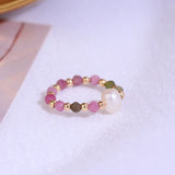 14k Plated Tourmaline Beads Ring for Women Elastic Zirconia Party Gift