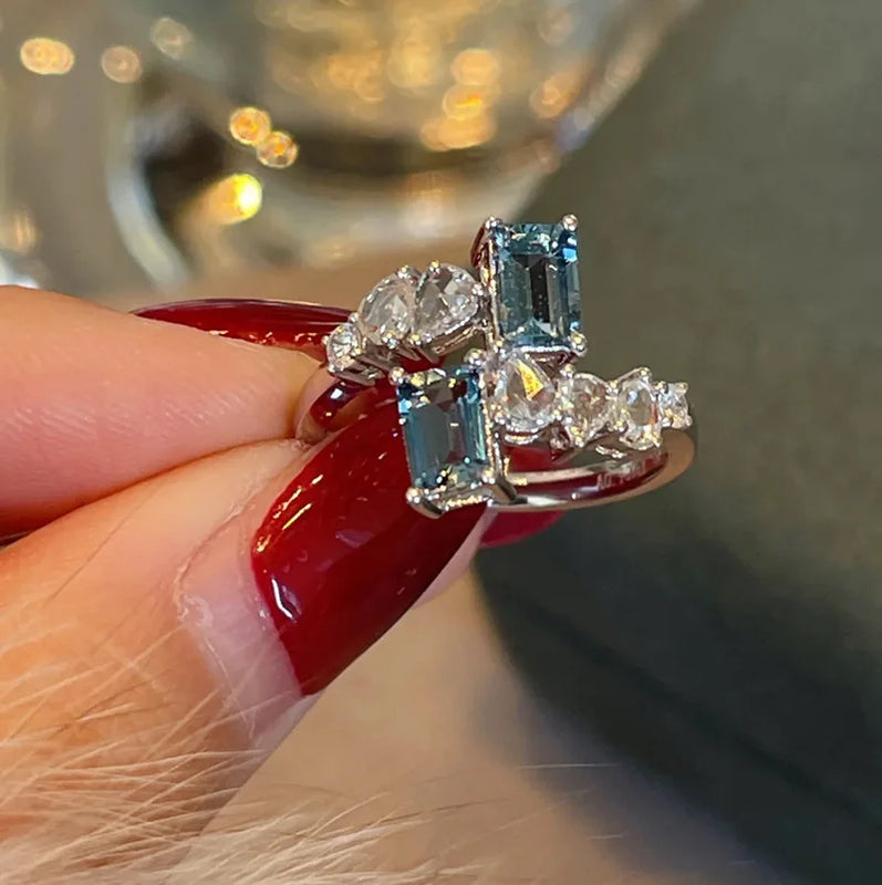 Zircon Stone Open Rings for Women Silver Square Crystal Engagement Ring