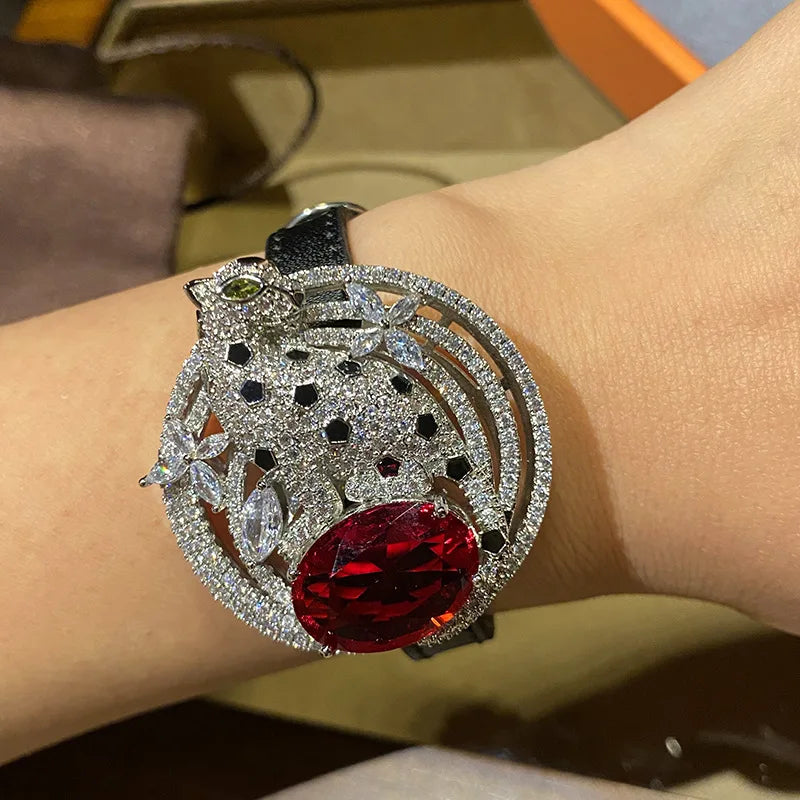 Leopard Leather Bracelet Ruby Zircon Stone Vintage Fine Jewelry