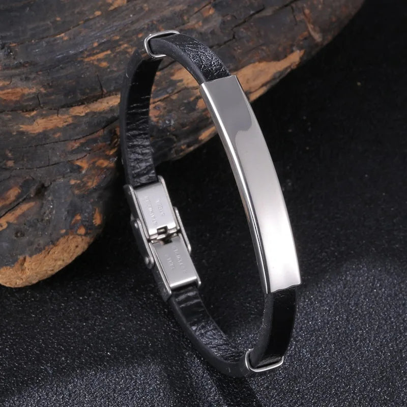 Leather Rope Bracelet for Men Women Stainless Steel Bangle
