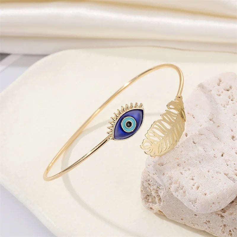 Evil Eye Feather Cuff Bracelet for Women - Adjustable Bangle Jewelry