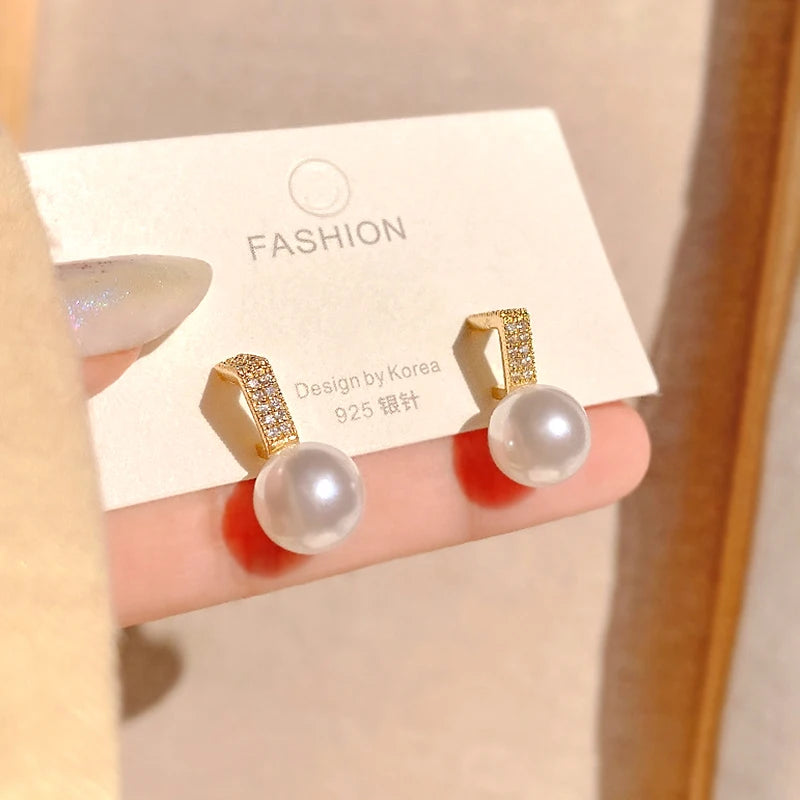 Geometric Pearl Earrings 14K Gold Plated AAA Zirconia S925 Silver Stud Gift