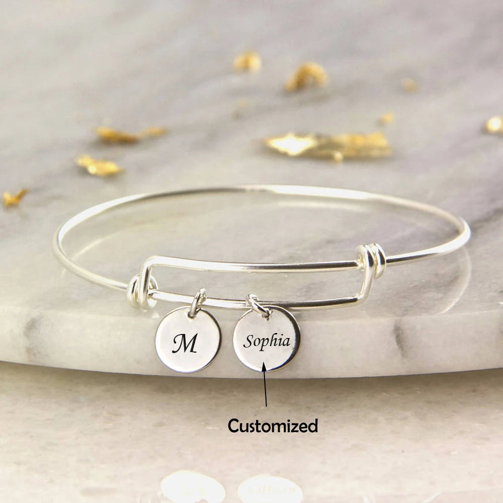 Personalized Name Round Pendant Bracelet - Stainless Steel Bangle
