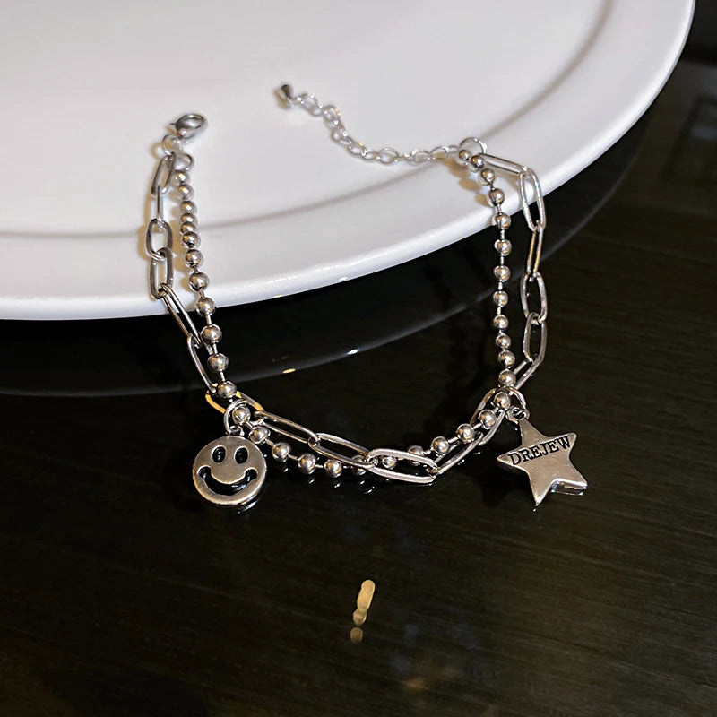 Smiley Star Double Layer Chain Bracelet for Women Girl Jewelry