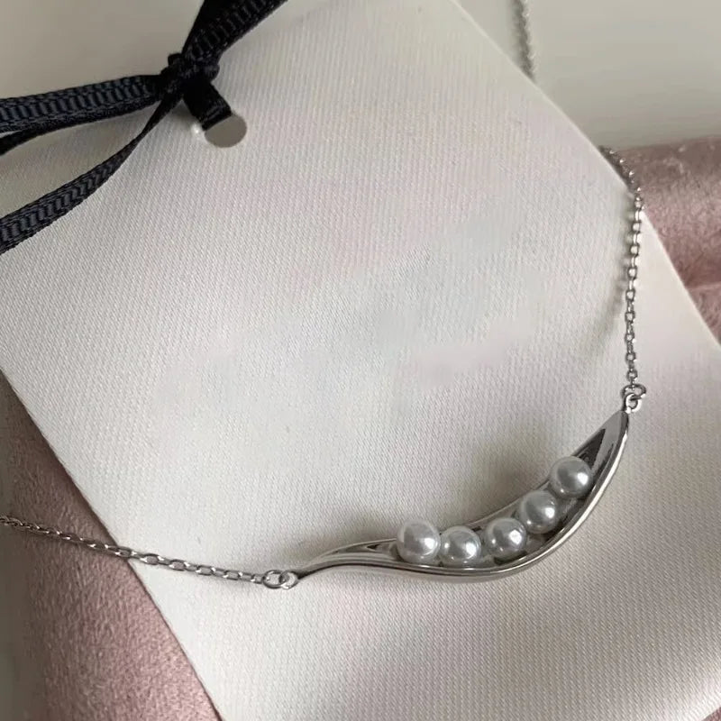925 Silver Pea Pods Pearls Chain Pendant Necklace for Women Girl Jewelry