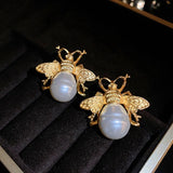 French Retro Oval Pearl Stud Earrings Vintage Jewelry