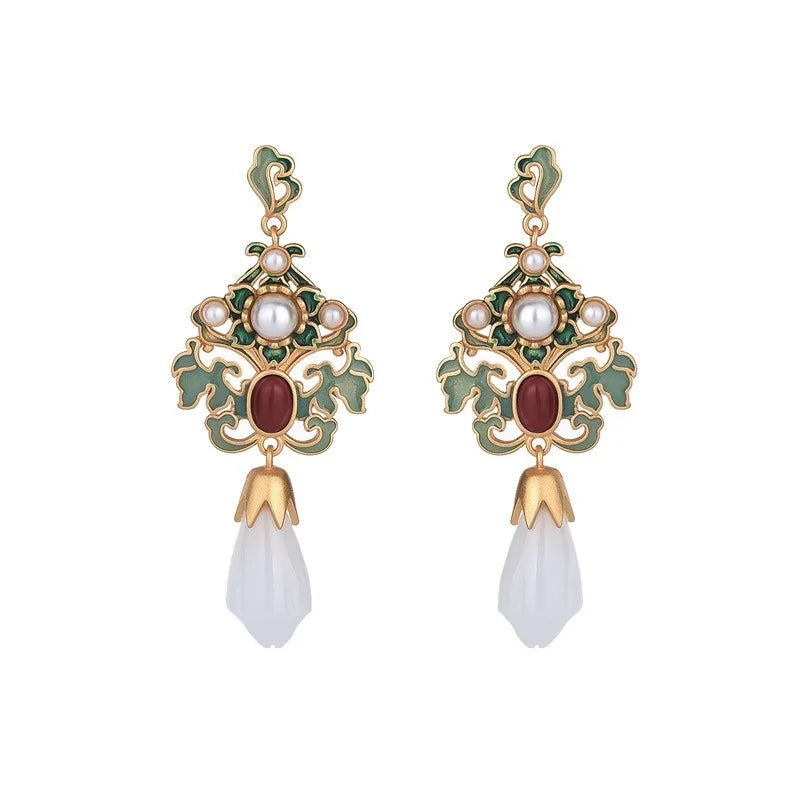 Enamel Flower Drop Earrings Chinese Style Jewelry