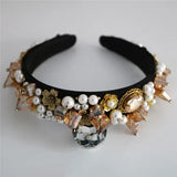 Crystal Jewelry Pearl Beading Baroque Crown Wide Metal Hairband Tiara