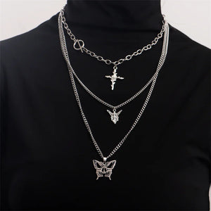 Butterfly Cross Angel Pendant Metal Chain Necklace for Women Men