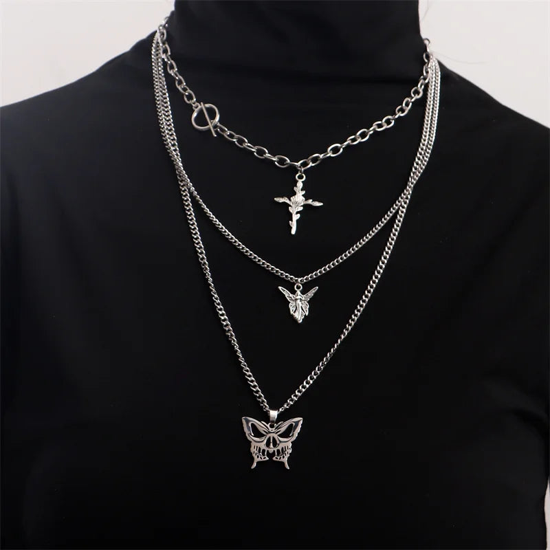 Butterfly Cross Angel Pendant Metal Chain Necklace for Women Men