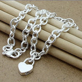 925 Silver Heart Lock Pendant Necklace Women Birthday Party
