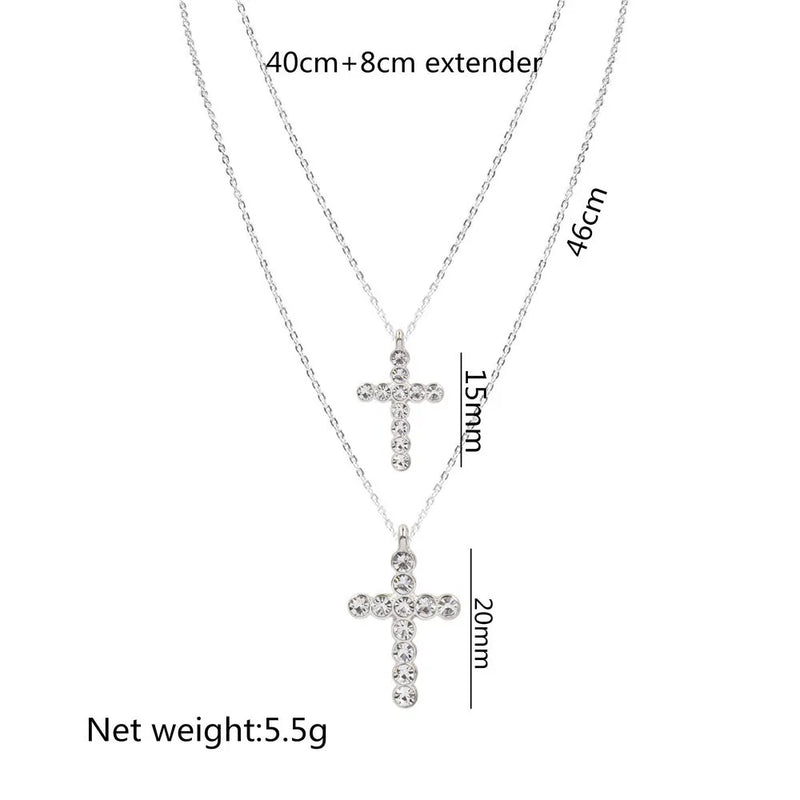 Layered Necklace for Women Silver Chain Clear Glass Stone Cross Pendant Necklace
