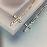 Layered Necklace for Women Silver Chain Clear Glass Stone Cross Pendant Necklace