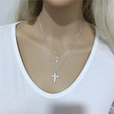 Layered Necklace for Women Silver Chain Clear Glass Stone Cross Pendant Necklace
