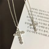 Layered Necklace for Women Silver Chain Clear Glass Stone Cross Pendant Necklace