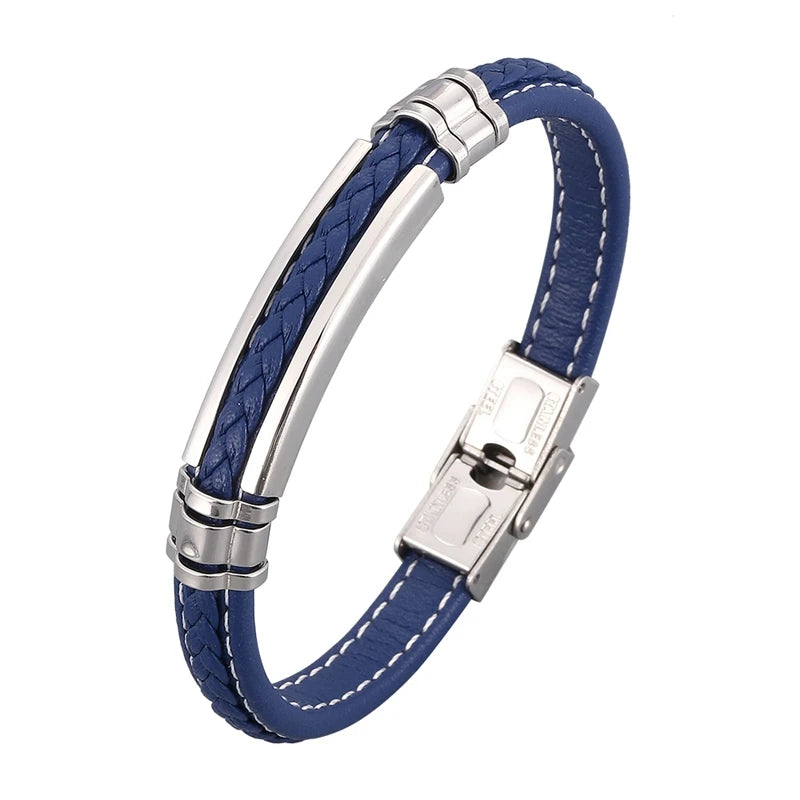 Men's Leather Bracelet Stainless Steel Bangle Wristband